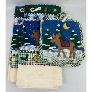 Holiday Time Kitchen Moose 2 Towels & 2 Moose Potholders